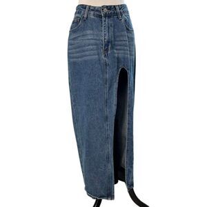 Women’s Blue Denim Maxi Skirt Front Slit Size M Cotton Jean Skirt Long